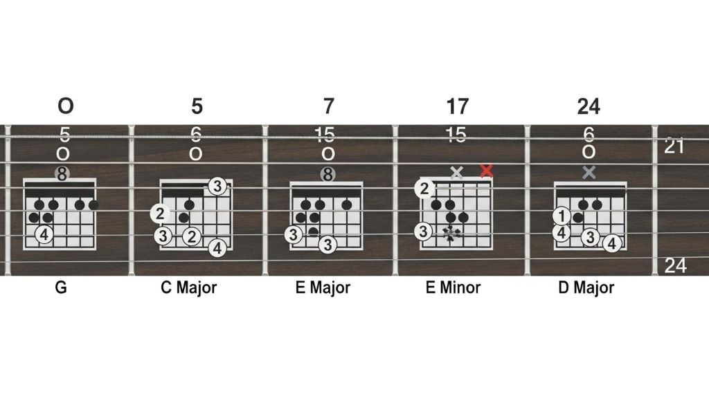 Guitar fretboard diagram displaying open chord shapes for Golden Hour chord progression