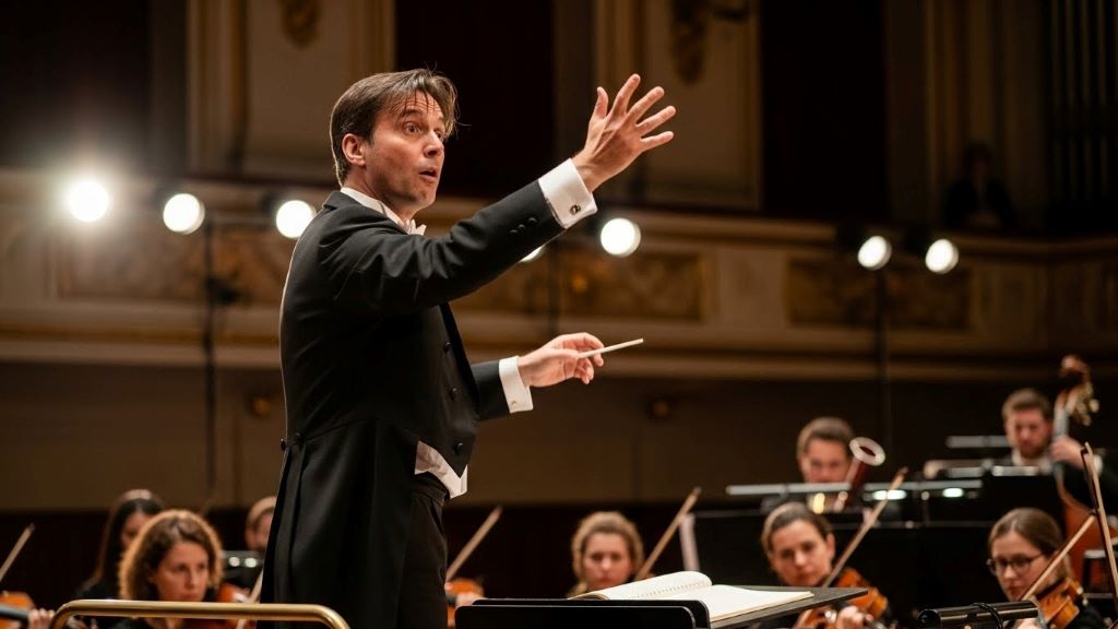 Orchestra conductor gesturing dynamic changes during live symphonic performance