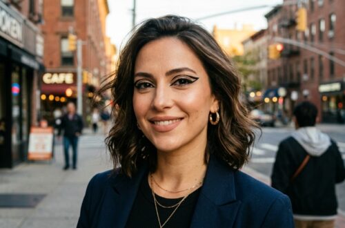 Chic New Jersey woman wearing modern graphic eyeliner outdoors