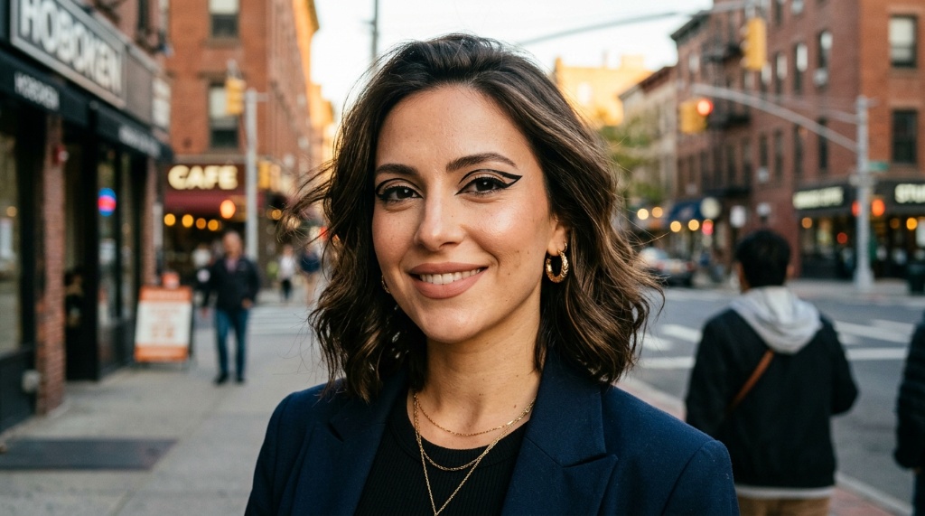 Chic New Jersey woman wearing modern graphic eyeliner outdoors